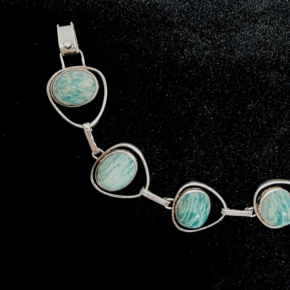 VINTAGE Sterling Silver Bracelet with Amazonite Cabachons - Picture 7 of 7